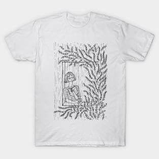 GIRL NEAR WINDOW TREE WITH A BOOK AND COFFEE ENJOYING RAIN T-Shirt